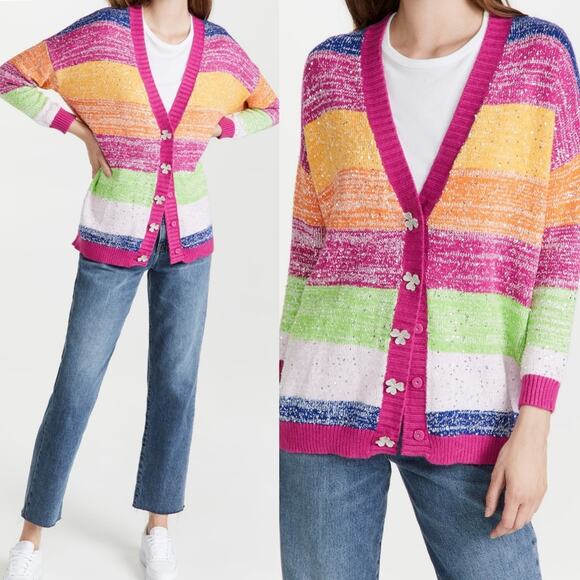 Olivia Rubin Mika Cardigan Sweater in Multicolor Stripe Silver Sequin Size Large - Picture 2 of 14